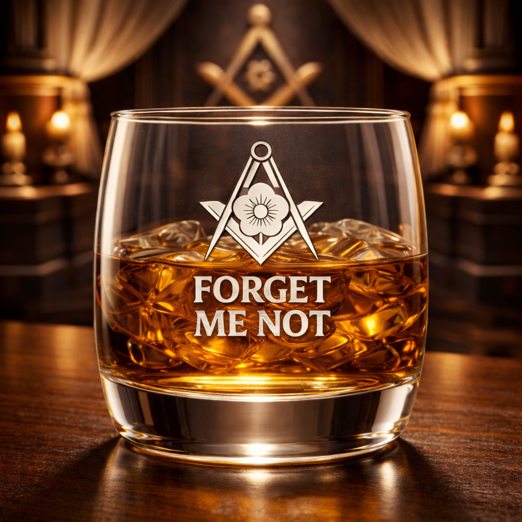 Master Mason Blue Lodge Whiskey Glass - Square & Compasses Forget Me Not