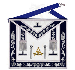 Past Master Blue Lodge Apron - Navy Velvet & Silver Bullion Hand Embroidery With Pillars