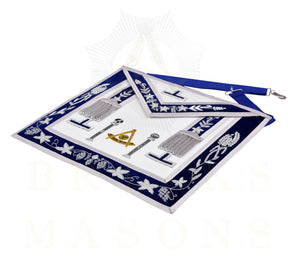 Past Master Blue Lodge Apron - Navy Velvet & Silver Bullion Hand Embroidery With Pillars