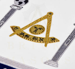 Past Master Blue Lodge Apron - Navy Velvet & Silver Bullion Hand Embroidery With Pillars