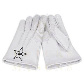 Knights Templar Gloves - White Leather Black Star Cross & Crown