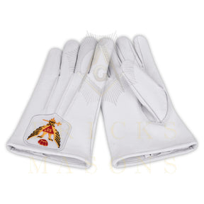 33rd Degree Scottish Rite Gloves - White Leather Eagle Wings Up Patch - Bricks Masons