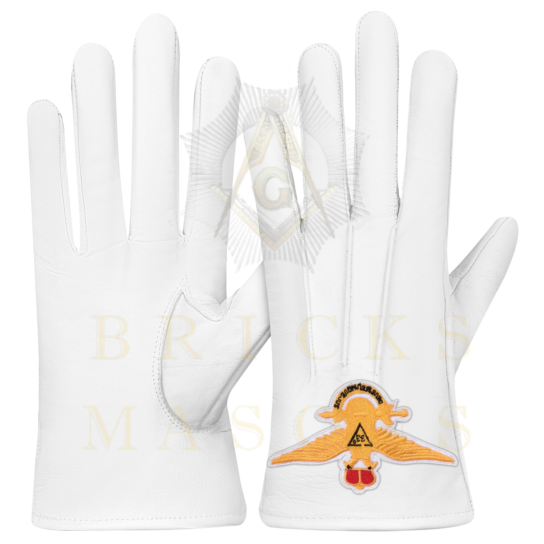 33rd Degree Scottish Rite Gloves - White Leather Eagle Patch Wings Up
