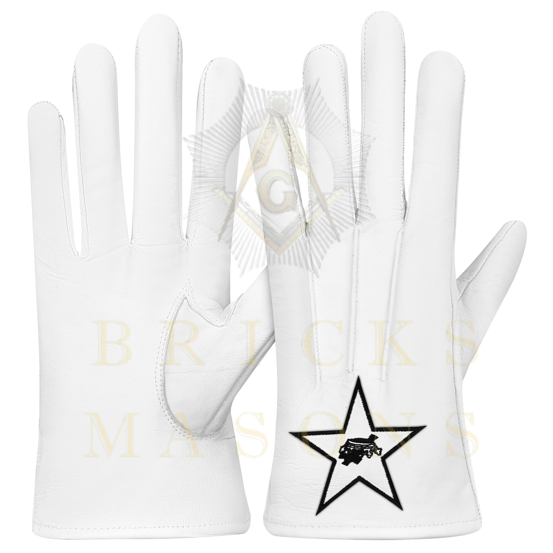 Knights Templar Gloves - White Leather Black Star Cross & Crown