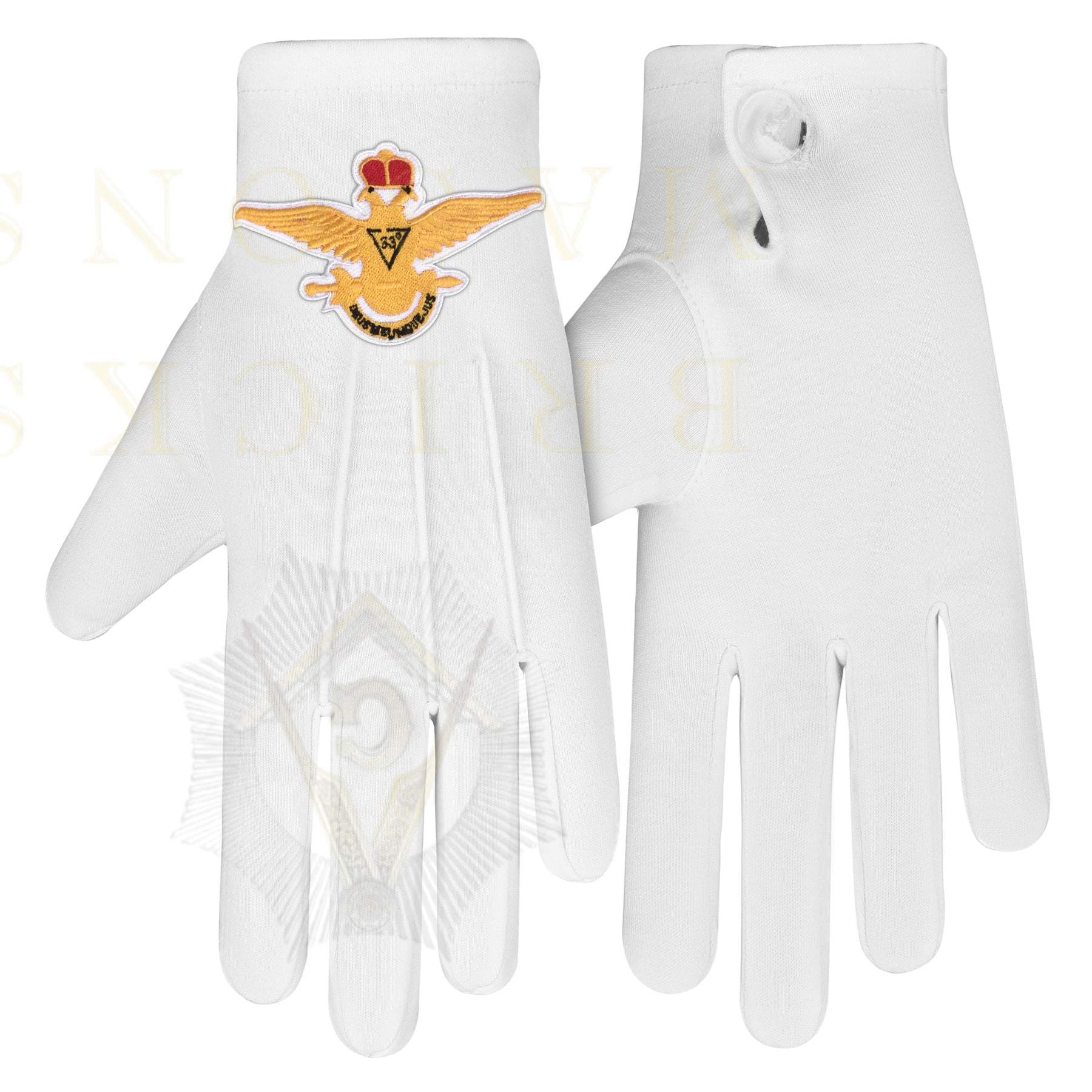 33rd Degree Scottish Rite Gloves - White Cotton Eagle Patch Wings Up