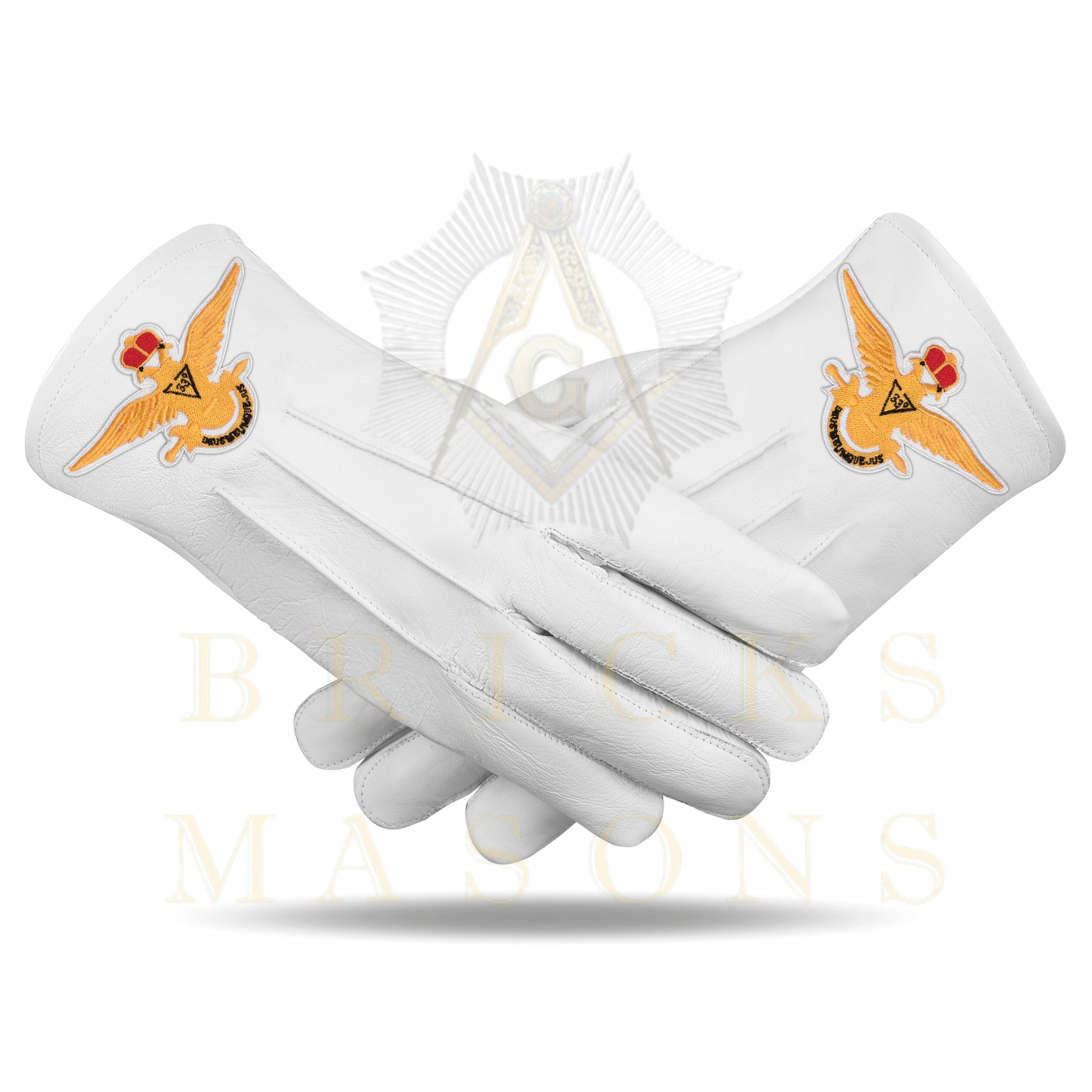 33rd Degree Scottish Rite Gloves - White Leather Eagle Patch Wings Up