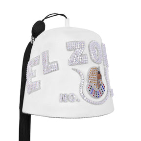 DOI PHA Fez Hat - Pure White Embroidery With Rhinestones (3 Rows as pictured)