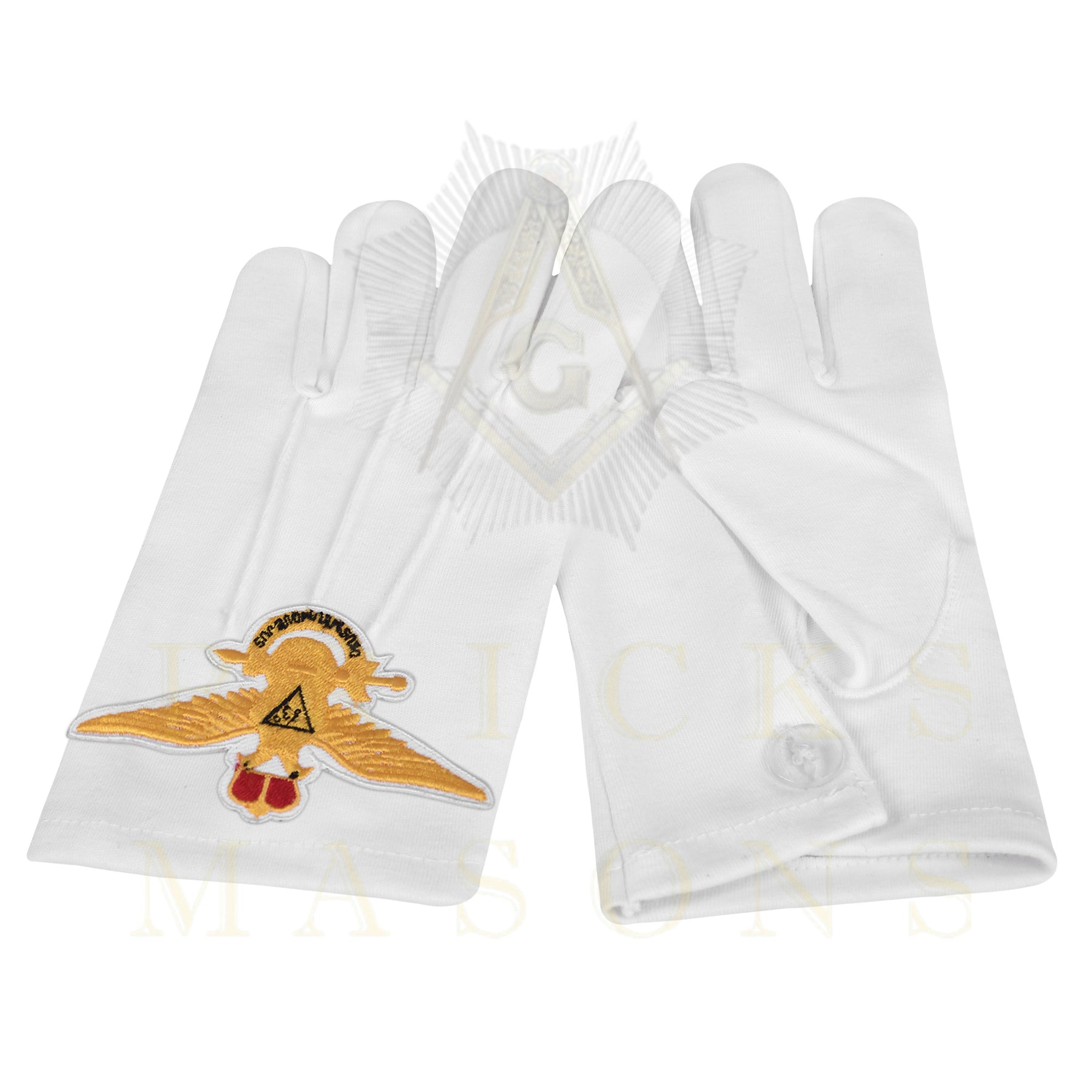 33rd Degree Scottish Rite Gloves - White Cotton Eagle Patch Wings Up