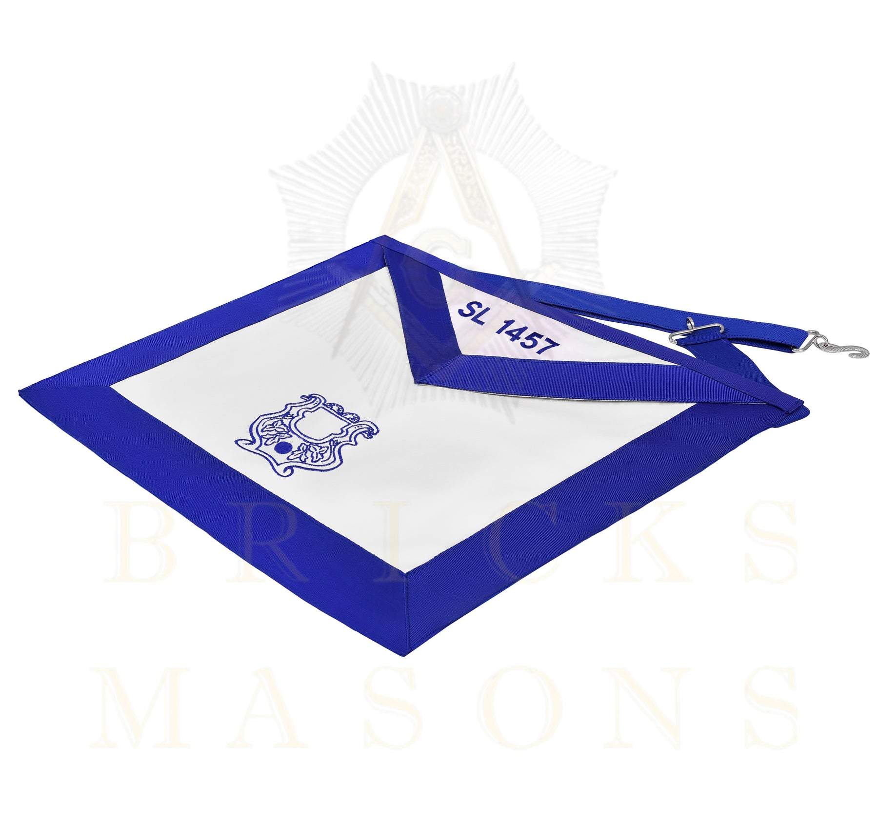 Organist Blue Lodge Officer Apron - Blue Ribbon With Machine Embroidery Customizable Flap - Bricks Masons