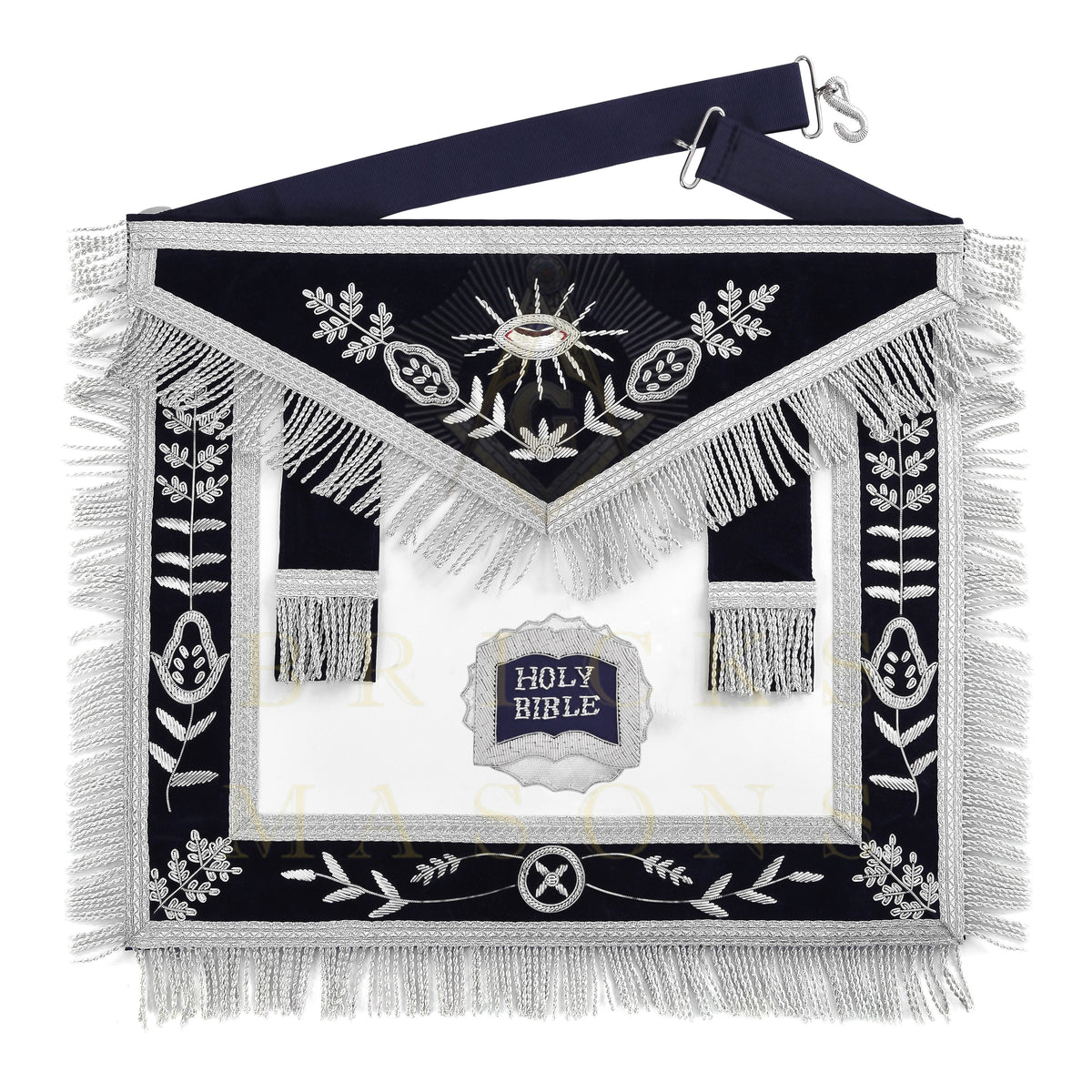 Chaplain Blue Lodge Officer Apron - Dark Blue With Silver Hand Embroidery Bullion - Bricks Masons