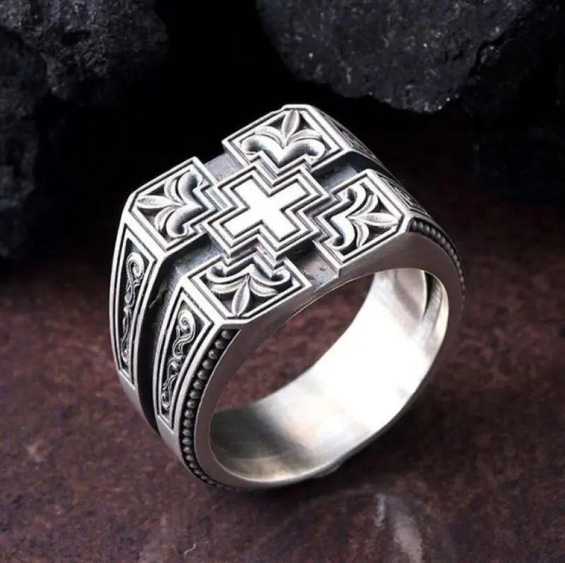 Knights Templar Commandery Ring - Silver Zinc Alloy With Cross - Bricks Masons