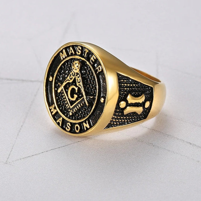 Master Mason Blue Lodge Ring - Gold & Black Color Stainless Steel - Bricks Masons