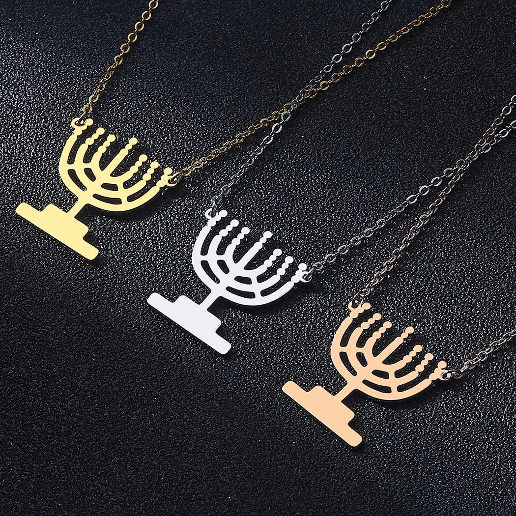 Ancient Israel  Necklace- Chanukah Menorah Shaped Stainless Steel Hanukkah Lamp Candles - Bricks Masons