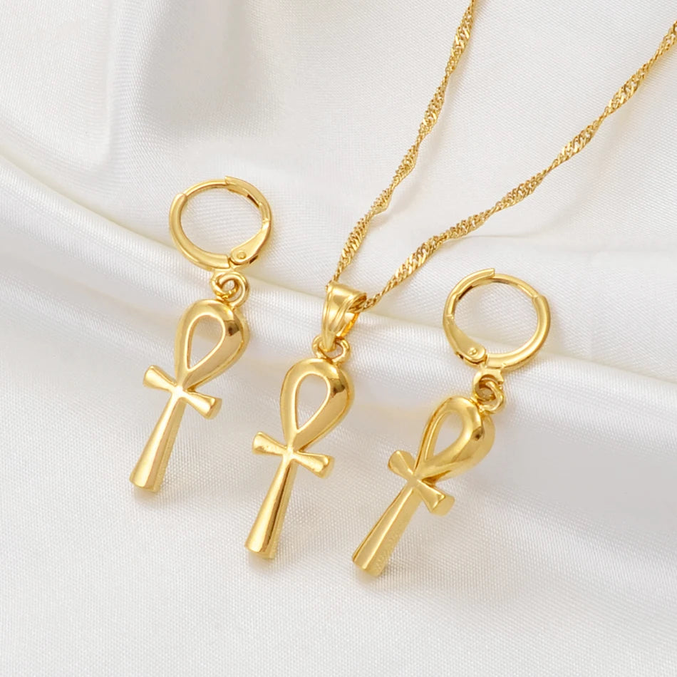 Ancient Egypt Jewelry Set - Gold Ankh Cross Pendant - Bricks Masons