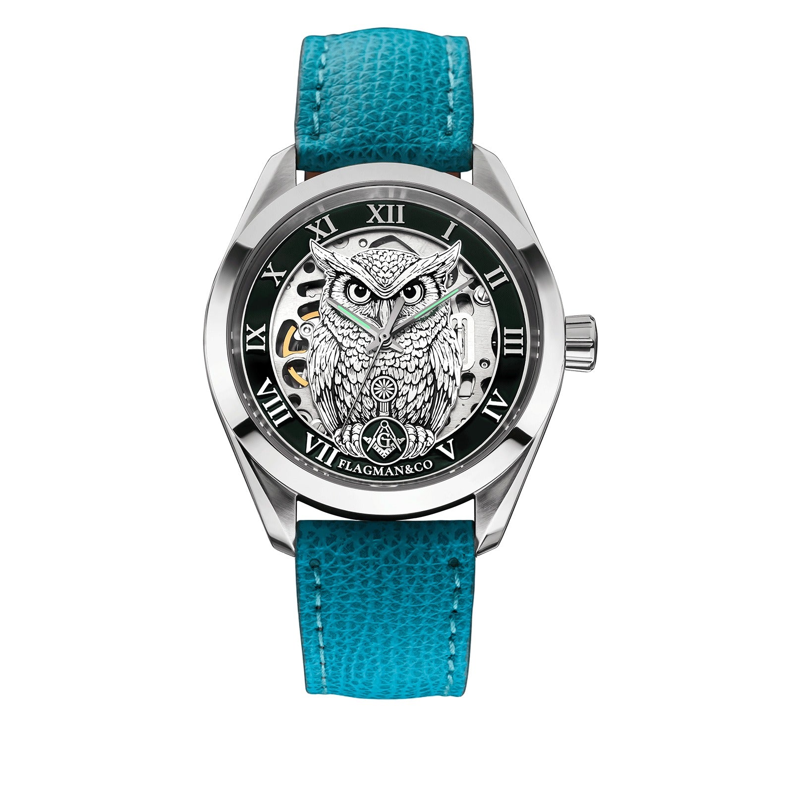 Reloj de pulsera Master Mason Blue Lodge - Bisel verde cuadrado y brújula G con búho