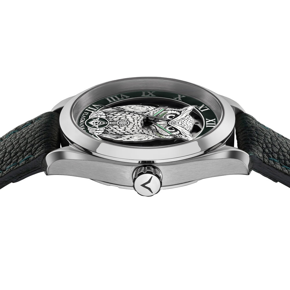 Reloj de pulsera Master Mason Blue Lodge - Bisel verde cuadrado y brújula G con búho