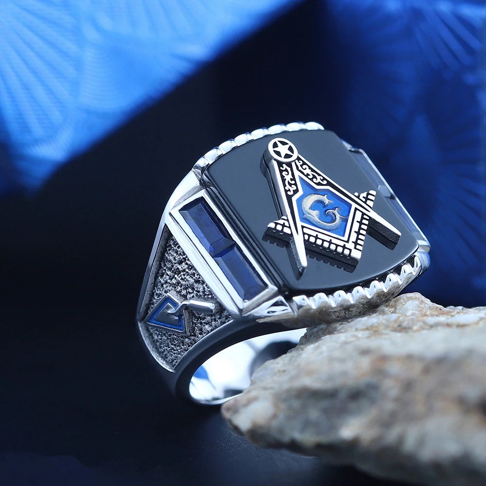 Anillo de la Logia Azul de Maestro Masón - Ágata Negra o Azul Masónica Antigua S&amp;C G