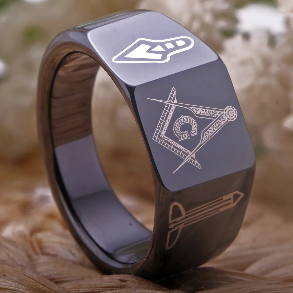 Master Mason Blue Lodge Ring - Black Tungsten Carbide - Bricks Masons