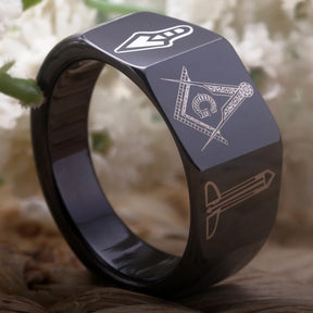 Master Mason Blue Lodge Ring - Black Tungsten Carbide - Bricks Masons