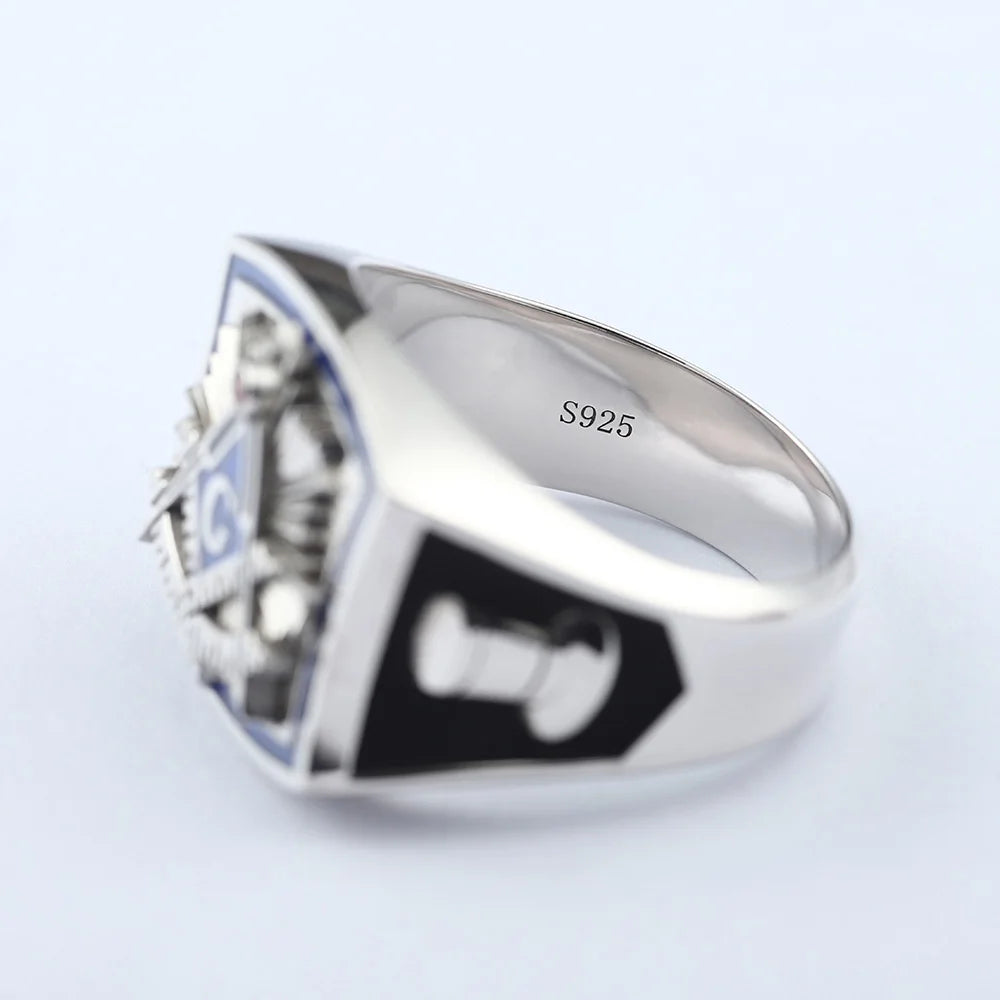 Past Master Blue Lodge Ring - Square & Compass Quadrant G Sterling Silver Ring - Bricks Masons