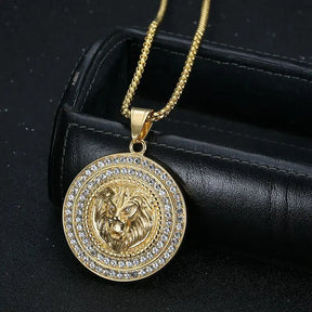 Ancient Israel Necklace - Gold Color stainless steel Lion Head with rhinestone Pendant Necklace - Bricks Masons