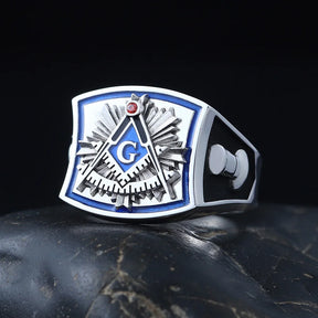 Past Master Blue Lodge Ring - Square & Compass Quadrant G Sterling Silver Ring - Bricks Masons