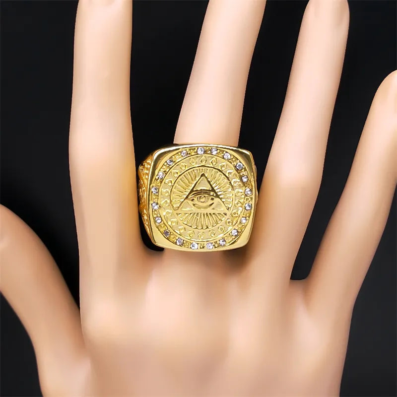 Eye Of Providence Ring - Stainless Steel Gold Color - Bricks Masons