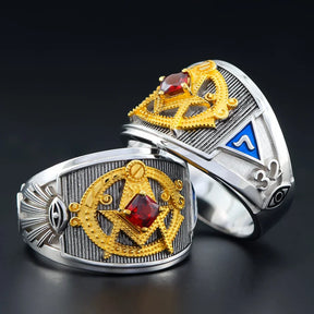 Master Mason Blue Lodge Ring - Sterling Silver Red Rhinestone - Bricks Masons