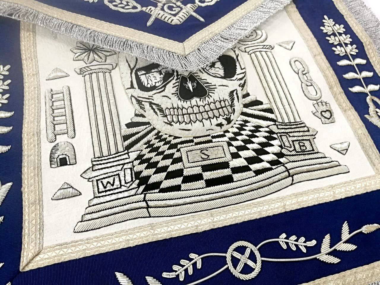 Master Mason Blue Lodge Apron - Skull Pillars Masters Carpet Silver Embroidery