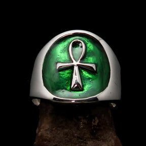 Ancient Egypt Ring - Green Sterling Silver Ankh