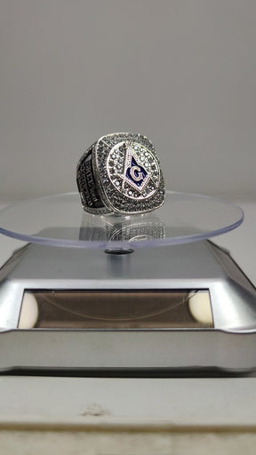 Master Mason Blue Lodge Ring - Sterling Silver With Rhinestones - Bricks Masons