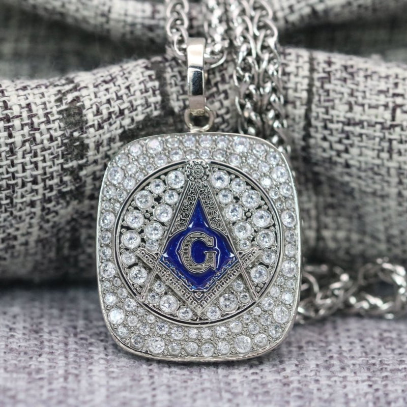 Master Mason Blue Lodge Necklace - White Gold Plated With Rhinestones - Bricks Masons