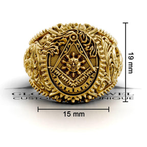 Master Mason Blue Lodge Ring - Square & Compass With Sun Various Materials - Bricks Masons