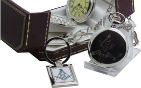 Master Mason Blue Lodge Pocket Watch - Full Hunter Real Silver Plated with Keyring Compass - Bricks Masons