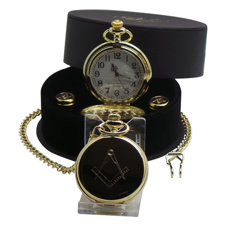 Master Mason Blue Lodge Pocket Watch - Cufflinks Personalised Full Hunter Gift Set in Case - Bricks Masons