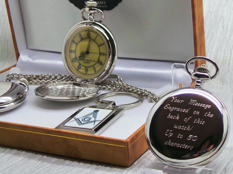Master Mason Blue Lodge Pocket Watch - With Keyring Gift Set Case & Certificate Custom Engraved - Bricks Masons