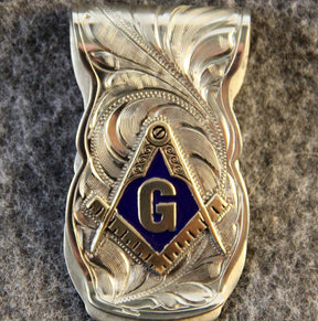 Master Mason Blue Lodge Money Clip - Nickel Gold Tones & Blue Square & Compass G