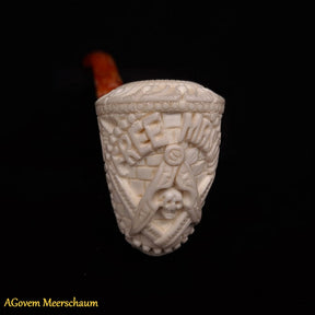 Master Mason Blue Lodge Meerschaum Pipe - Handmade Free Mason With Fitted Case - Bricks Masons