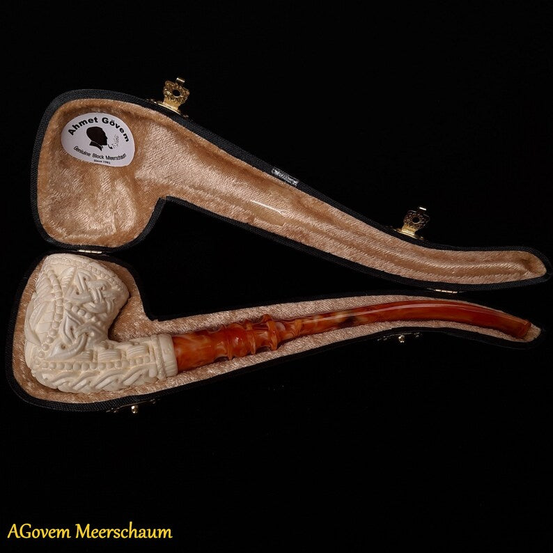 Master Mason Blue Lodge Meerschaum Pipe - Handmade Free Mason With Fitted Case - Bricks Masons