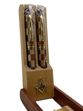 Master Mason Blue Lodge Pen - Double Pen Set Wooden Box Case Desk Stand