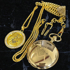 Master Mason Blue Lodge Pocket Watch - 24k Gold Clad 3 Piece Set Engraved - Bricks Masons