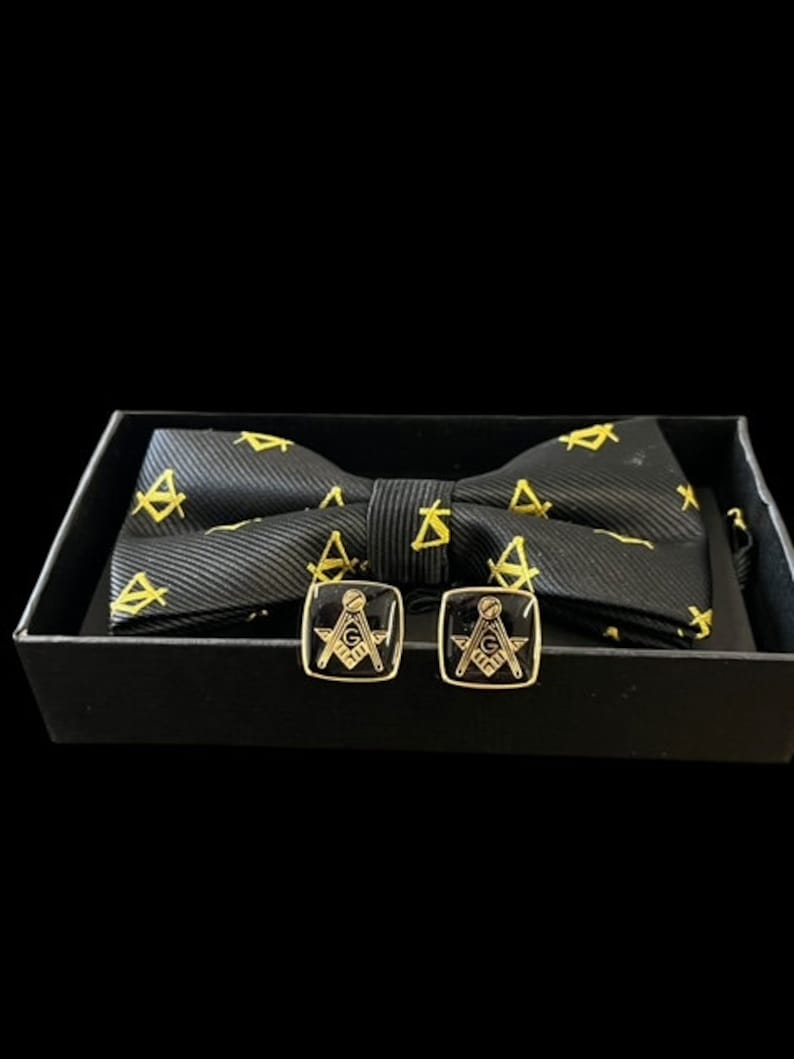 Master Mason Blue Lodge Cufflinks - With a Bow Tie Set Square & Compass - Bricks Masons