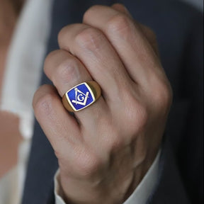 Master Mason Blue Lodge Ring - Solid Gold With Blue Enamel