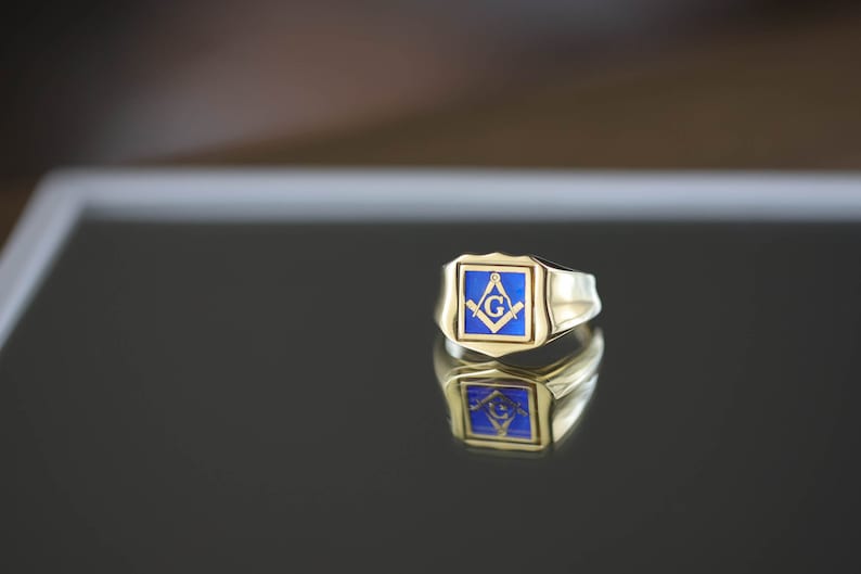 Master Mason Blue Lodge Ring - Solid Gold & Blue Enamel Swivel