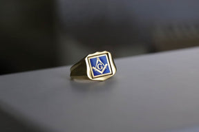 Master Mason Blue Lodge Ring - Solid Gold & Blue Enamel Swivel
