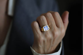Master Mason Blue Lodge Ring - Solid Gold & Blue Enamel Swivel