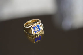 Master Mason Blue Lodge Ring - Solid Gold & Blue Enamel Swivel