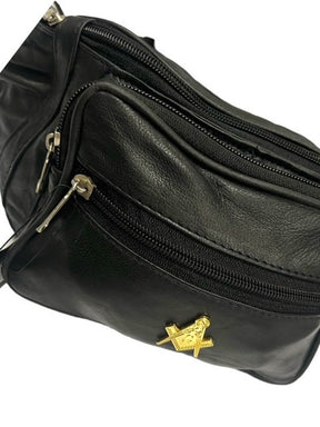 Master Mason Blue Lodge Waist Bag - Genuine Leather 24k Gold Clad Emblem