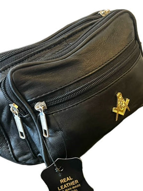 Master Mason Blue Lodge Waist Bag - Genuine Leather 24k Gold Clad Emblem