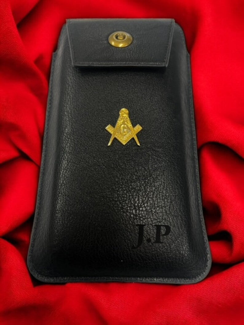 Master Mason Blue Lodge Phone Case - Leather Black case Engraved Belt Loop - Bricks Masons